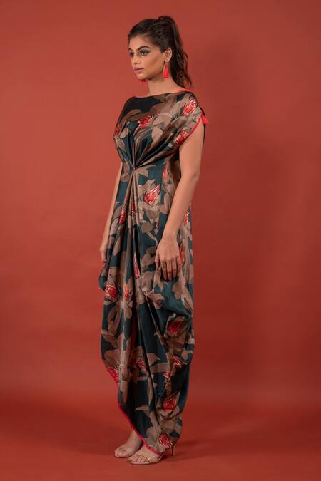 Rimi Nayak_Green Modal, Satin Dark Asymmetrical Draped Dress _Online_at_Aza_Fashions