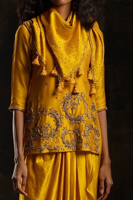 Mona And Vishu_Yellow Draped Skirt  Satin Linen, Kurta And Scarf Chanderi Silk Beads, Set _Online_at_Aza_Fashions
