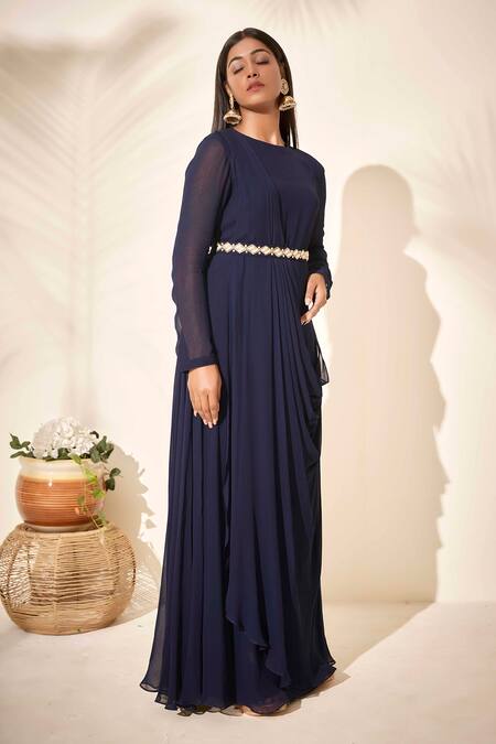 Suruchi Parakh_Blue Georgette Lining Shantoon Bead And Sequin Round Draped Tunic_Online_at_Aza_Fashions