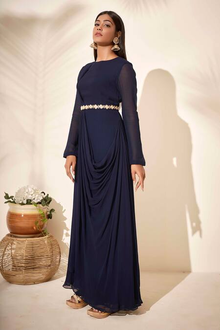Buy_Suruchi Parakh_Blue Georgette Lining Shantoon Bead And Sequin Round Draped Tunic_Online_at_Aza_Fashions