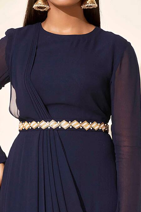 Suruchi Parakh_Blue Georgette Lining Shantoon Bead And Sequin Round Draped Tunic_at_Aza_Fashions