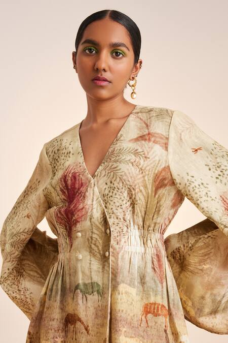 Buy_Cord_Beige Linen V-neck Bell Sleeve Printed Dress_Online_at_Aza_Fashions
