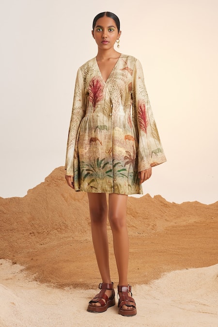 Shop_Cord_Beige Linen V-neck Bell Sleeve Printed Dress_Online_at_Aza_Fashions