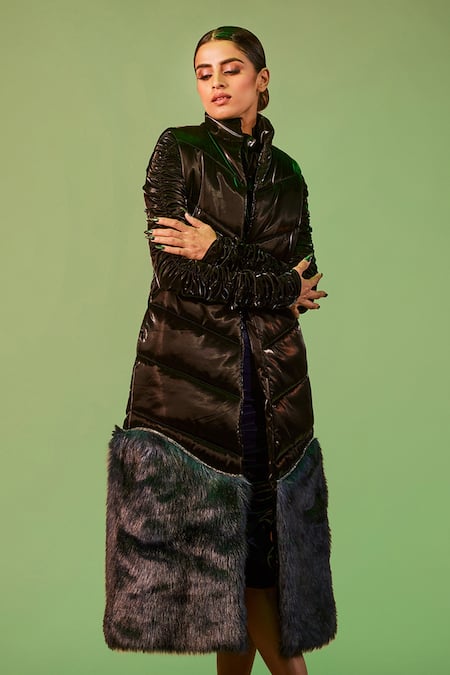 Sameer Madan Black Faux Leather Open Neck Aradia Sleeveless Gilet Jacket Online at Aza Fashions Sameer Madan_Black Faux Leather Open Neck Aradia Sleeveless Gilet Jacket _Online_at_Aza_Fashions