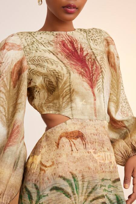 Cord_Beige Linen Round Neck Euro Waist Cutout Short Dress_Online_at_Aza_Fashions