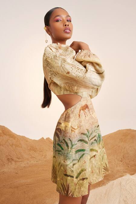 Buy_Cord_Beige Linen Round Neck Euro Waist Cutout Short Dress_Online_at_Aza_Fashions