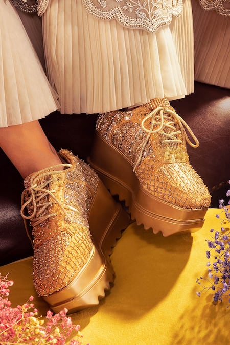 Anaar Gold Embroidered Goldilocks Sneaker Wedges 