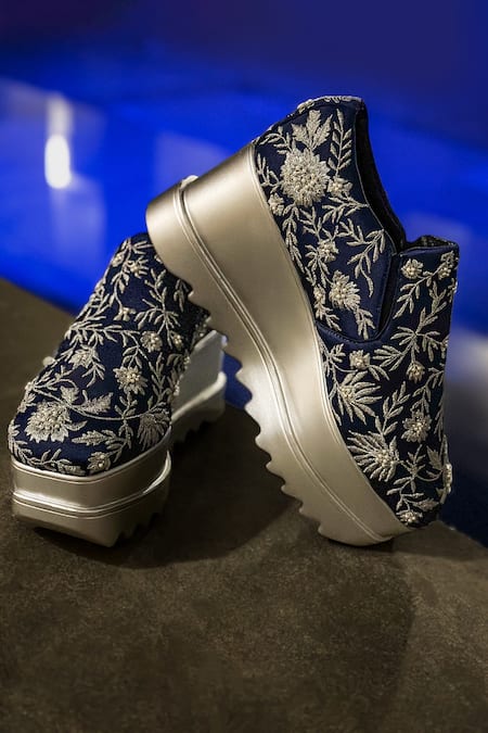 Anaar Blue Embroidered Celestial Sneaker Wedges