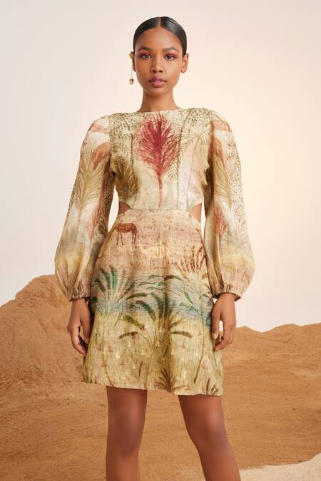 Shop_Cord_Beige Linen Round Neck Euro Waist Cutout Short Dress_Online_at_Aza_Fashions