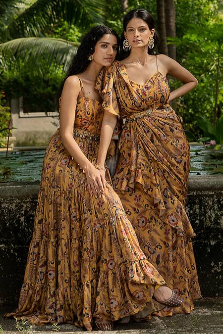 Buy_Amrin Khan_Yellow Modal Satin Sequin And Thread, Beads, Kalamkari Print Strappy Gown _Online_at_Aza_Fashions