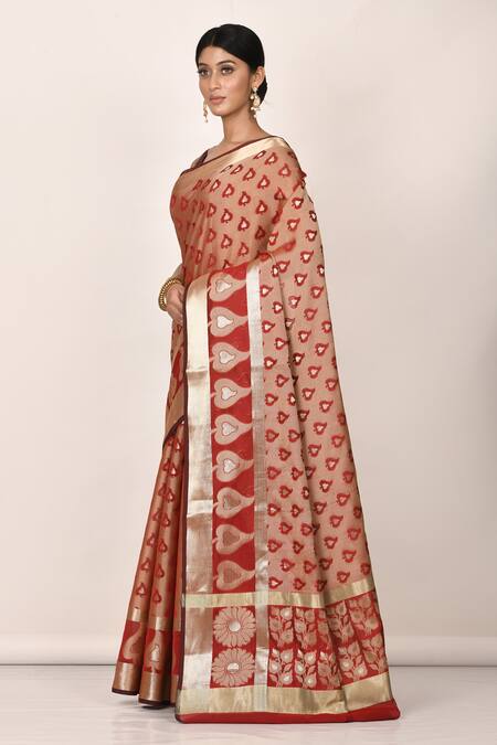 Aryavir Malhotra_Brown Banarasi Cotton Silk Leaf Woven Saree _Online_at_Aza_Fashions