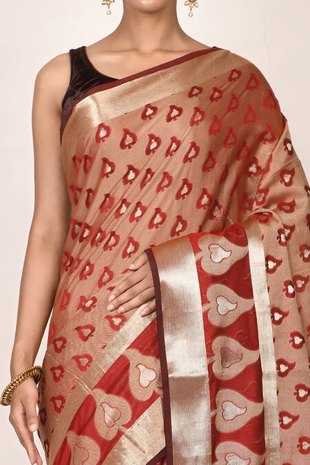 Buy_Aryavir Malhotra_Brown Banarasi Cotton Silk Leaf Woven Saree _Online_at_Aza_Fashions