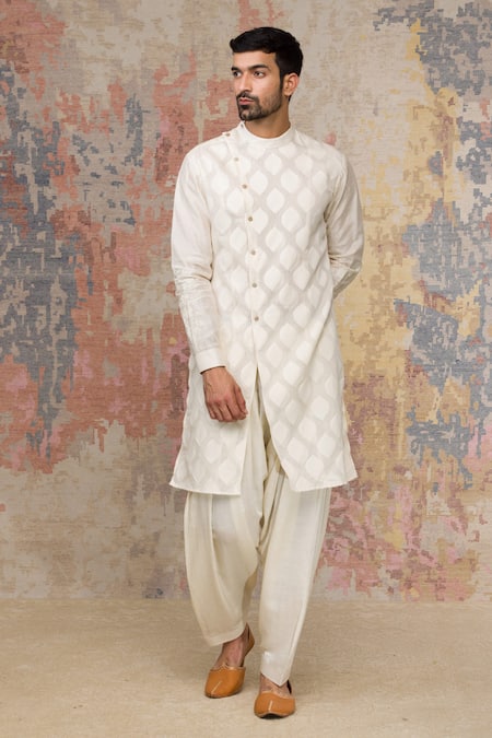 Devnaagri_White Cotton Silk Satin, Woven Chanderi Kurta Set _Online_at_Aza_Fashions