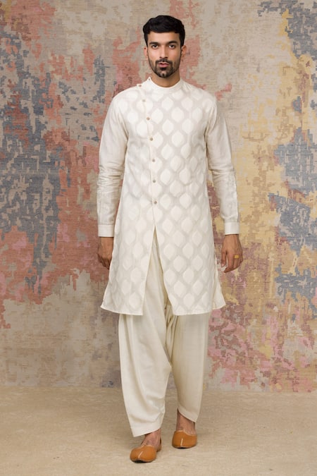 Buy_Devnaagri_White Cotton Silk Satin, Woven Chanderi Kurta Set _Online_at_Aza_Fashions