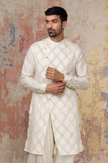 Shop_Devnaagri_White Cotton Silk Satin, Woven Chanderi Kurta Set _Online_at_Aza_Fashions