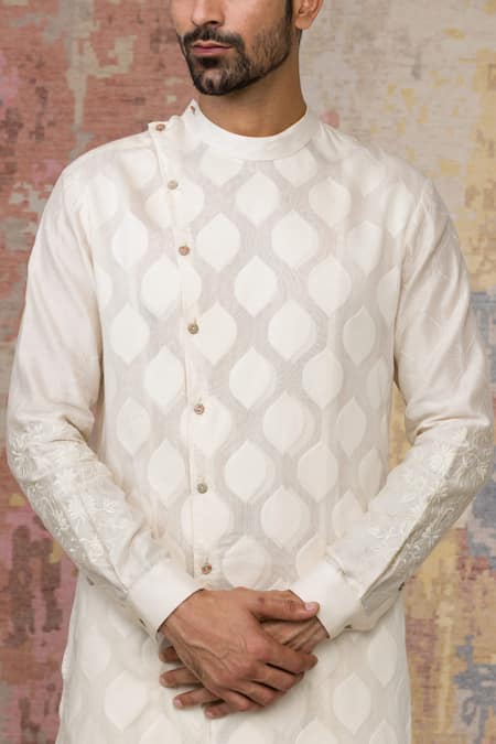 Devnaagri_White Cotton Silk Satin, Woven Chanderi Kurta Set _at_Aza_Fashions