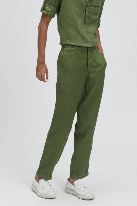 Terra Luna Green 100% Linen Nash Chinos Online at Aza Fashions Terra Luna_Green 100% Linen Nash Chinos _Online_at_Aza_Fashions