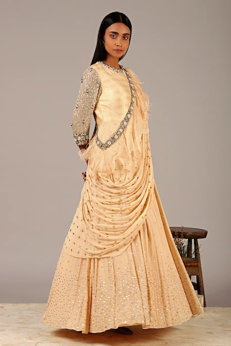 NIDHIKA SHEKHAR_Beige Georgette Crepe Silk Lining Shantoon Round Ruffle Draped Saree Gown _Online_at_Aza_Fashions