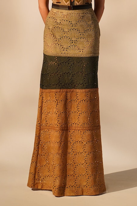 Nikita Mhaisalkar_Green Chiffon Embroidery Schiffli Skirt _Online_at_Aza_Fashions