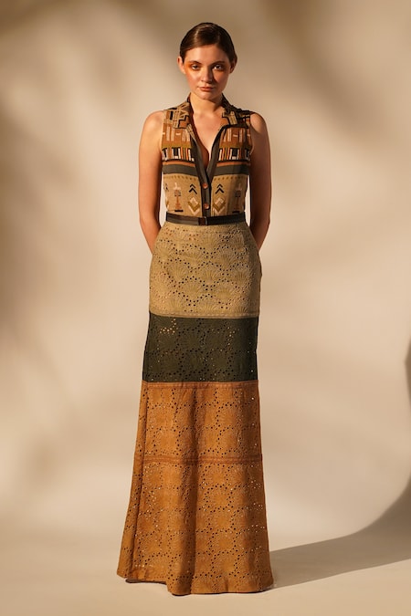 Buy_Nikita Mhaisalkar_Green Chiffon Embroidery Schiffli Skirt _Online_at_Aza_Fashions