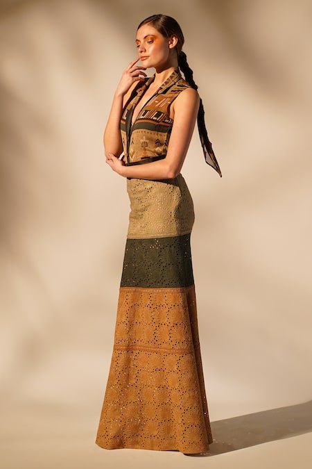 Shop_Nikita Mhaisalkar_Green Chiffon Embroidery Schiffli Skirt _Online_at_Aza_Fashions