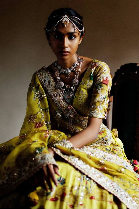 Archana Jaju_Yellow Organza , Pure Kalamkari Hand Embroidered Bridal Lehenga Set_at_Aza_Fashions