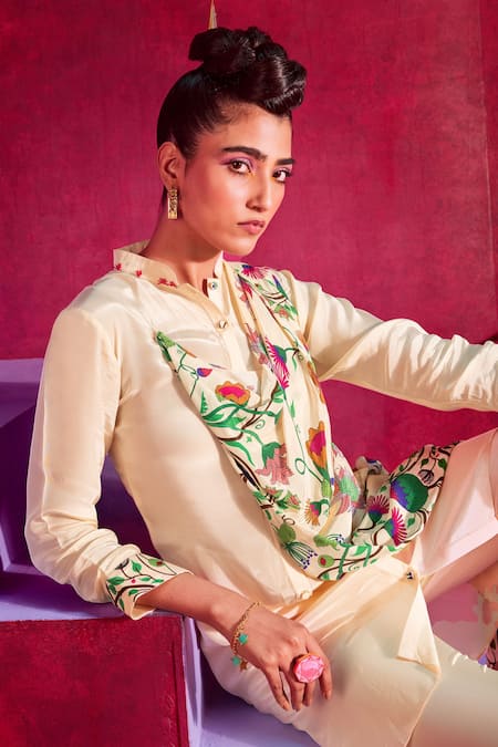 Limerick By Abirr N' Nanki_Pink Crepe Floral Print Band Collar Femella Draped Tunic And Pant Set_Online_at_Aza_Fashions