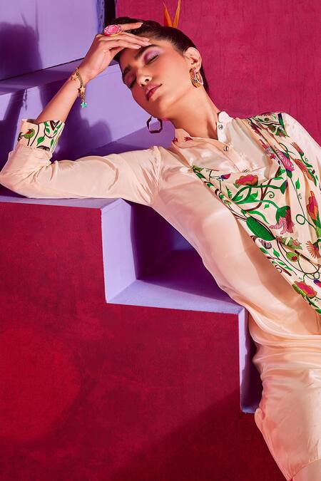 Shop_Limerick By Abirr N' Nanki_Pink Crepe Floral Print Band Collar Femella Draped Tunic And Pant Set_Online_at_Aza_Fashions