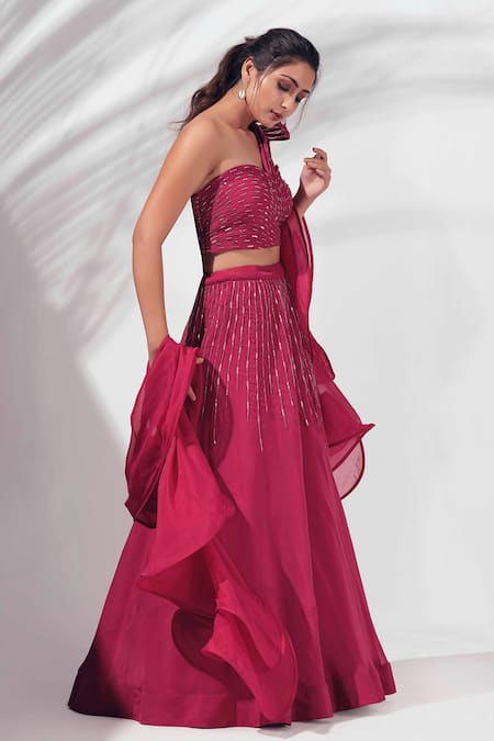 Shop Suruchi Parakh Pink Georgette Crepe, Lining Embroidered Lehenga Set With Ruffle Dupatta at Aza Fashions Shop_Suruchi Parakh_Pink Georgette Crepe, Lining Embroidered Lehenga Set With Ruffle Dupatta _at_Aza_Fashions