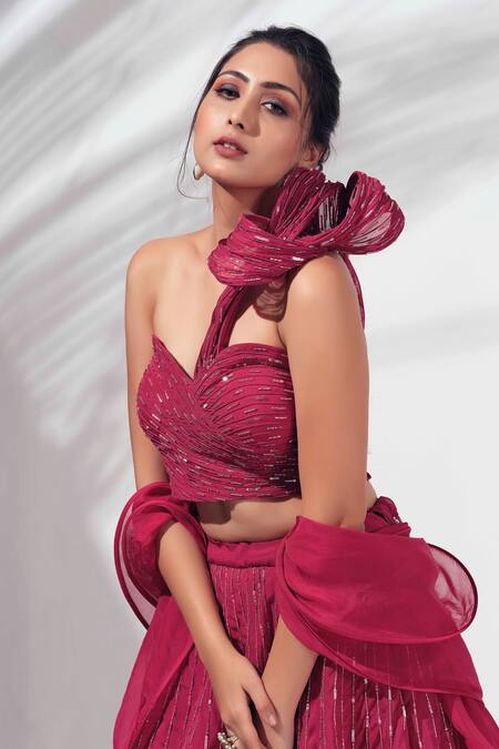 Suruchi Parakh Pink Georgette Crepe, Lining Embroidered Lehenga Set With Ruffle Dupatta Online at Aza Fashions Suruchi Parakh_Pink Georgette Crepe, Lining Embroidered Lehenga Set With Ruffle Dupatta _Online_at_Aza_Fashions