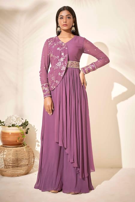suruchi parakh Purple Georgette Lining Shantoon Embellishment Bead And Sequin Kurta & Pant Set
