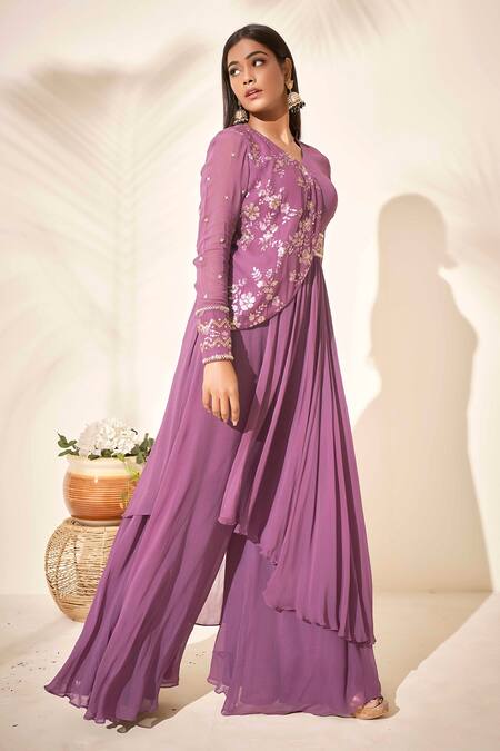 Suruchi Parakh_Purple Georgette Lining Shantoon Bead And Sequin V Neck Kurta & Pant Set_Online_at_Aza_Fashions