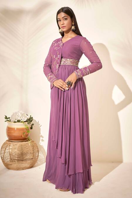 Buy_Suruchi Parakh_Purple Georgette Lining Shantoon Bead And Sequin V Neck Kurta & Pant Set_Online_at_Aza_Fashions