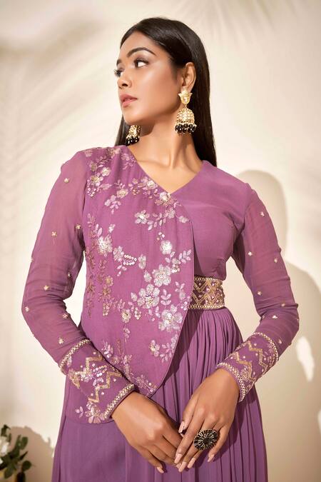 Shop_Suruchi Parakh_Purple Georgette Lining Shantoon Bead And Sequin V Neck Kurta & Pant Set_Online_at_Aza_Fashions