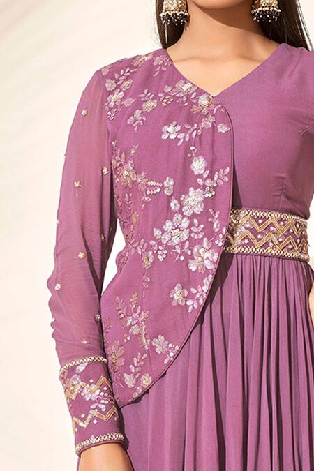Suruchi Parakh_Purple Georgette Lining Shantoon Bead And Sequin V Neck Kurta & Pant Set_at_Aza_Fashions