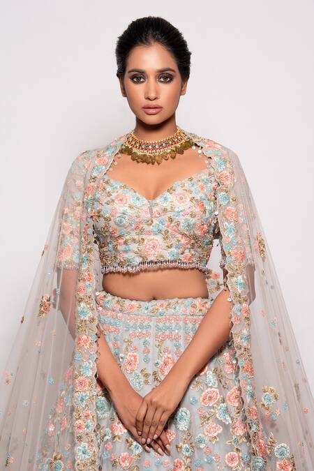 Pallavi Poddar_Blue Organza, Tulle Beads, Sequins, Embroidery Powder Bridal Lehenga Set _Online_at_Aza_Fashions