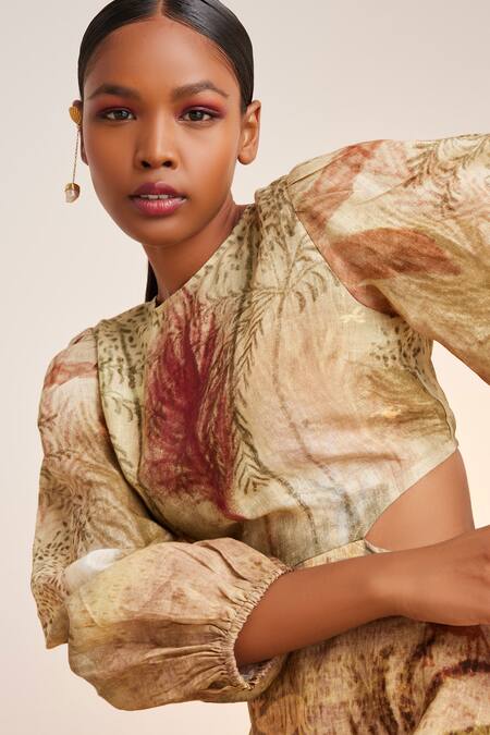 Cord_Beige Linen Round Neck Euro Waist Cutout Short Dress_at_Aza_Fashions