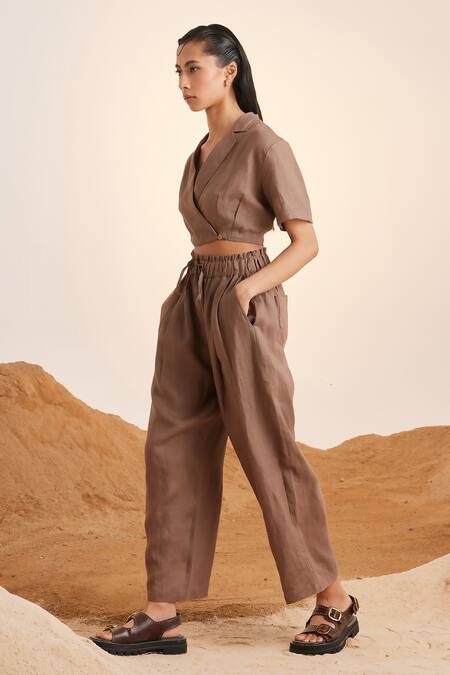 Cord_Brown Linen Collared Overlap Crop Top And Pant Set_Online_at_Aza_Fashions