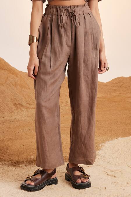 Buy_Cord_Brown Linen Collared Overlap Crop Top And Pant Set_Online_at_Aza_Fashions