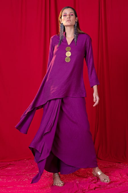 Shop_Enech_Purple Handloom Cotton Metallic Thread, Asymmetric Embellished Tunic And Skirt Set _Online_at_Aza_Fashions