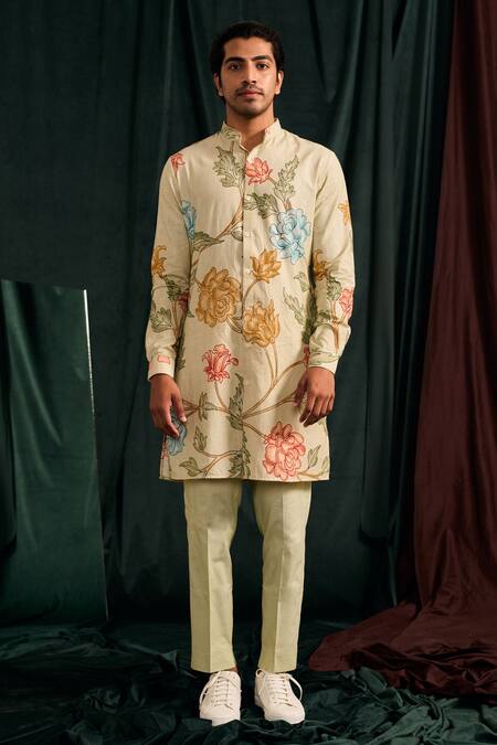 Project Bandi_Green Handloom Cotton Printed Floral Vine Kurta Set _Online_at_Aza_Fashions