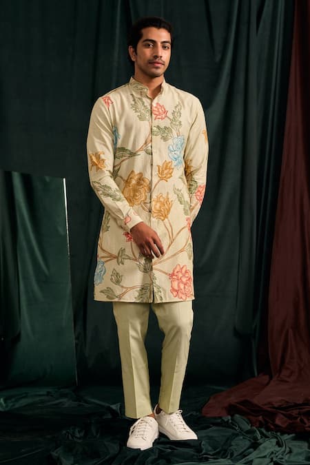 Buy_Project Bandi_Green Handloom Cotton Printed Floral Vine Kurta Set _Online_at_Aza_Fashions