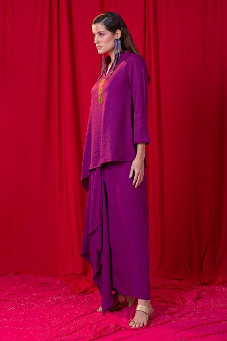 Buy_Enech_Purple Handloom Cotton Metallic Thread, Asymmetric Embellished Tunic And Skirt Set _Online_at_Aza_Fashions