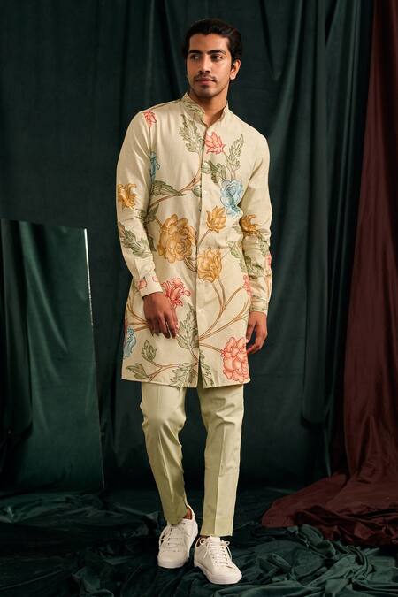 Shop_Project Bandi_Green Handloom Cotton Printed Floral Vine Kurta Set _Online_at_Aza_Fashions