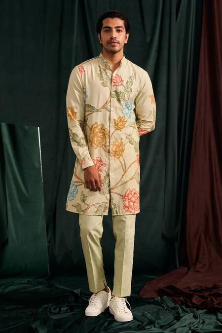 Project Bandi_Green Handloom Cotton Printed Floral Vine Kurta Set _at_Aza_Fashions