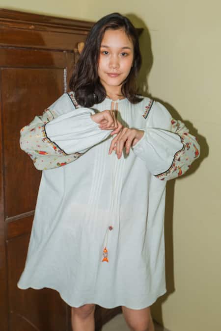 Nikasha White Cotton Round Embroidered Dress