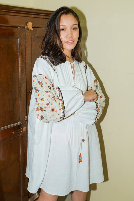 Nikasha White Cotton Round Embroidered Dress Online at Aza Fashions Nikasha_White Cotton Round Embroidered Dress _Online_at_Aza_Fashions