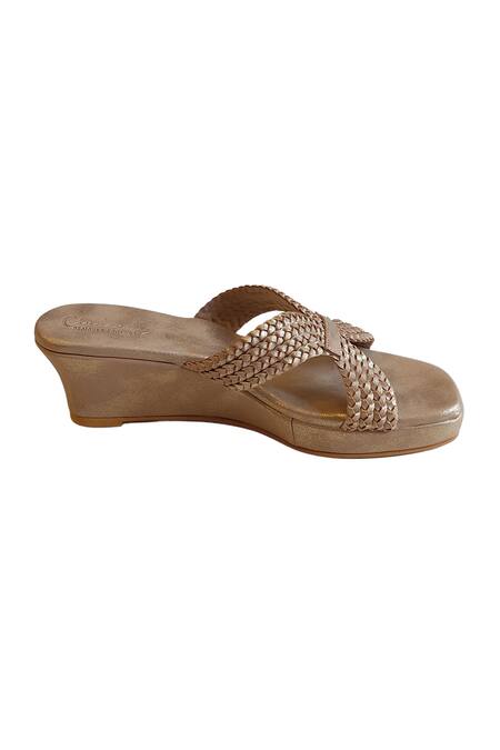 Cinderella By Heena Yusuf_Gold Braided Square Toe Wedges _Online_at_Aza_Fashions