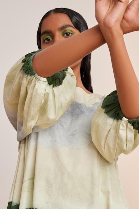 Shop Cord Blue Cotton Embroidery Round Neck Earth Print Lantern Sleeve Dress Online at Aza Fashions Shop_Cord_Blue Cotton Embroidery Round Neck Earth Print Lantern Sleeve Dress_Online_at_Aza_Fashions