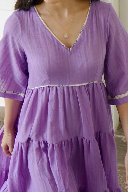 Shop_Taro_Purple Handwoven Cotton V Neck Dress _Online_at_Aza_Fashions